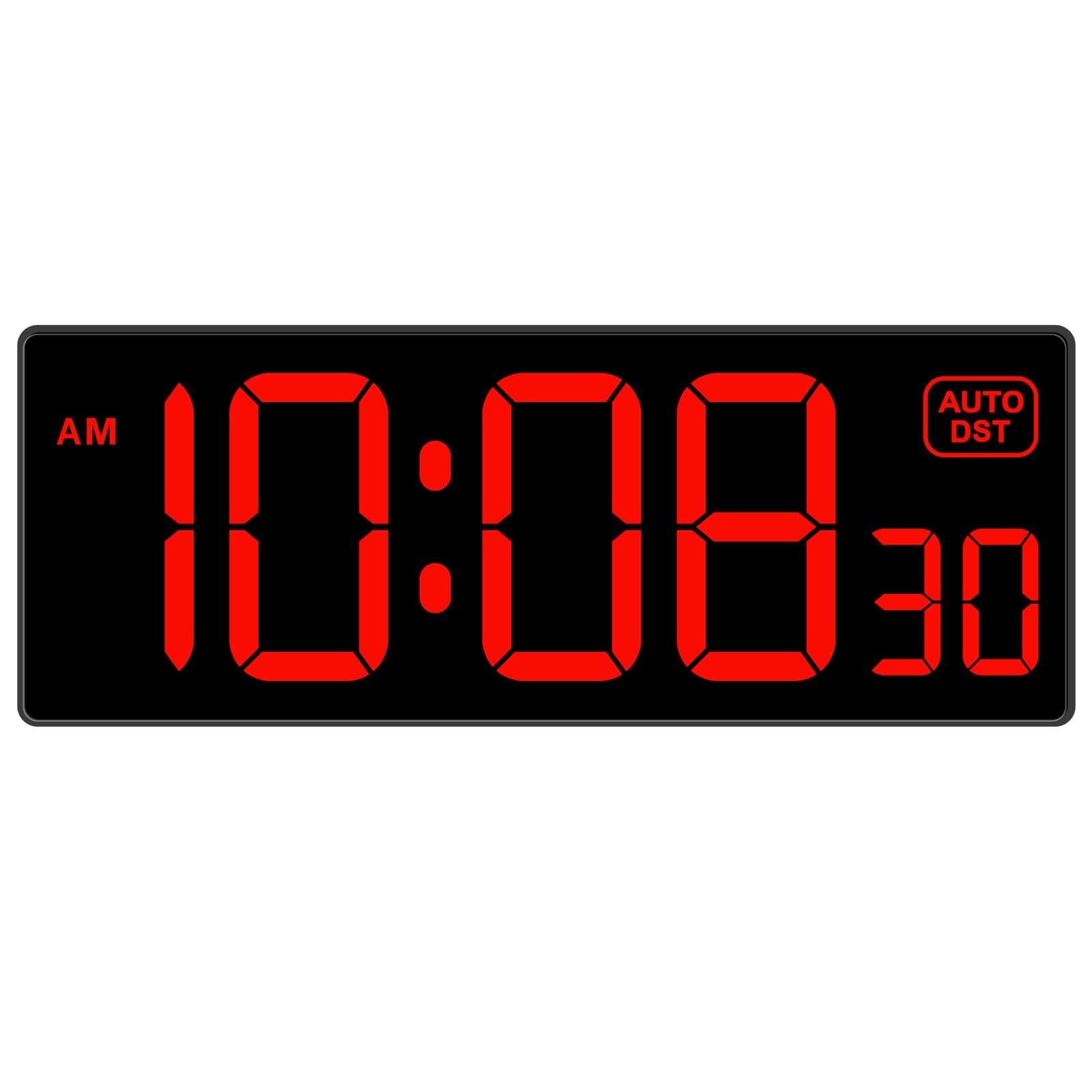 Soobest Large Display Digital Wall Clock with Seconds, Auto DST Dimmer LED 11.5 Inches (Red)