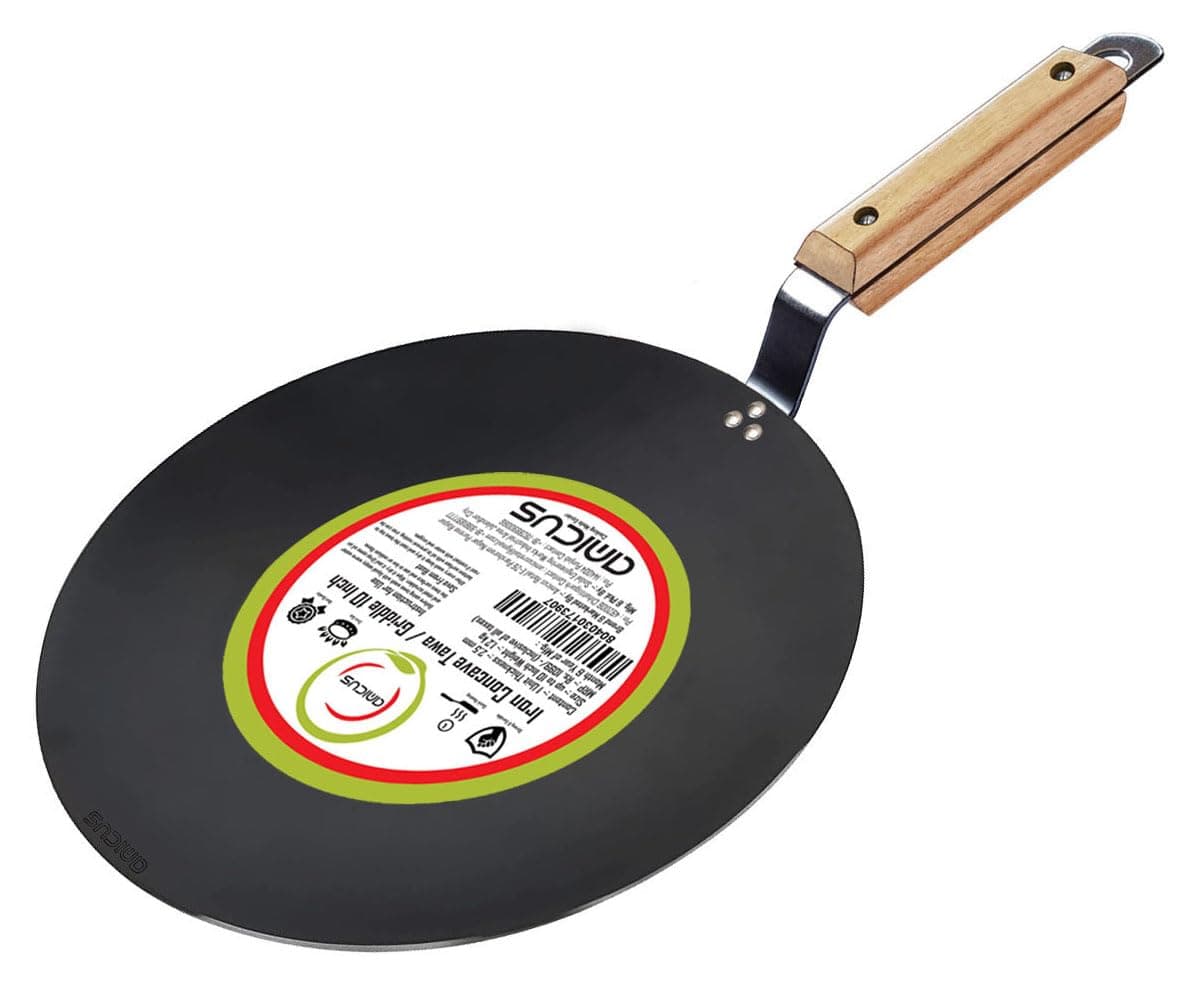 amicus Kitchen Premium Iron Tawa for Roti Chapati, Concave Iron Tava with Wooden Handle, 10 Inch, 1.2 Kg, Black