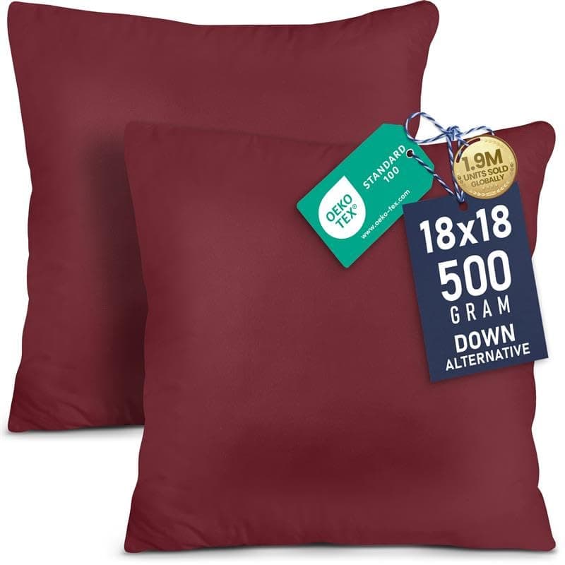 Utopia Bedding Throw Pillows Insert (Pack of 2, Wine Red) - 18 x 18 Inches Bed and Couch Pillows - Indoor Decorative Pillows