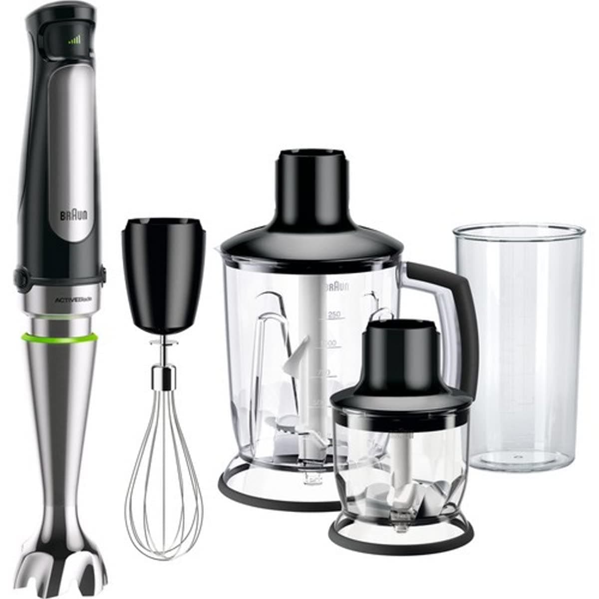 Braun MultiQuick 7 Hand Blender MQ7o45 Aperitif, Variable Speed Control, Anti Splash, Includes 4 Attachments; 350 ml Chopper, 1.25 Litre Blender, Whisk and BPA-Free Plastic Beaker - Black