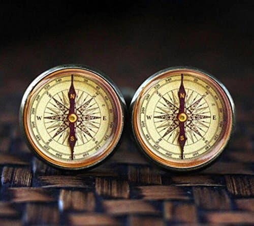 Antique Compass cufflinks, Old Compass cufflinks, compass cuff links, vintage compass cuff links, glass dome bronze tonr cufflinks