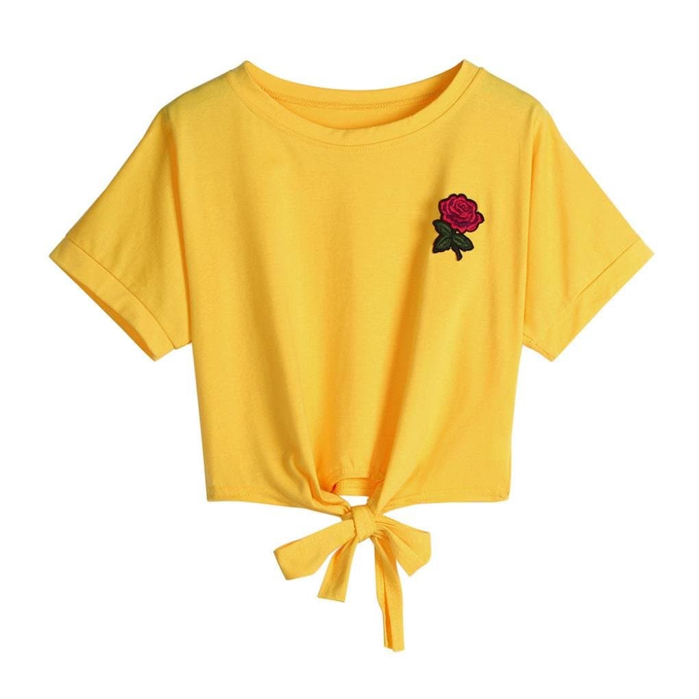 Quistal Women's Basic Short Sleeve Crop Top Embroidery Rose Printed Tie Front T-Shirt Blouse Tees Tops