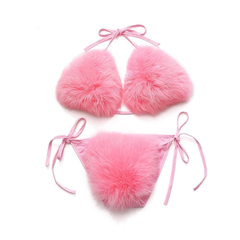 Women's Faux Fur Halter String Triangle Bikini Sets Two Piece Swimsuits (Pink)