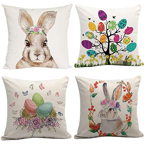 LEVOSHUA 4 Pack Easter Rabbit Cotton Linen Pillowcase Throw Pillow Case Cushion Cover Pillowcase Home Decorative for Sofa 18" x 18"