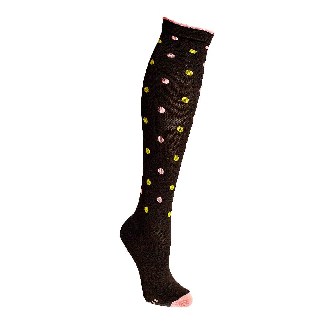 Athletic Compression Socks, Knee High Support, 15-20mmHG, Dots-A-Plenty, Black w/ Coral/Apple, S/M