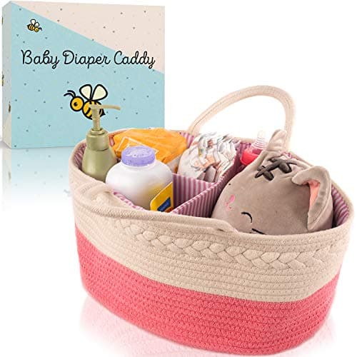 Modern Domus Baby Diaper Caddy Organizer for Changing Table or on The Go! Pink and White Rope Baby Basket with Removable Inserts to for Baby Diapers Storage and More! Original Baby Shower Gifts