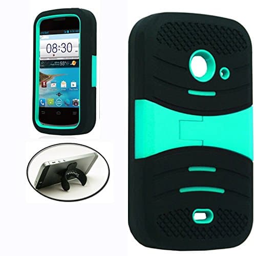 [STOP&ACCESSORIZE] BLACK TEAL DUAL LAYER SHELL KICKSTAND COVER RUBBER PLASTIC MOBILE PHONE CASE for ZTE ZINGER Z667 + FREE U KICKSTAND