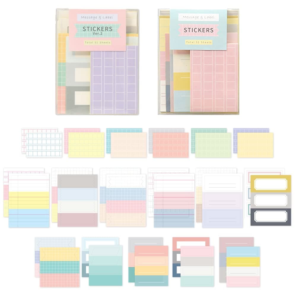 Message & Label Sticker ver.1 + ver.2 Set - Mini Size Cute Stickers, Index Stickers, 102 Sheets.