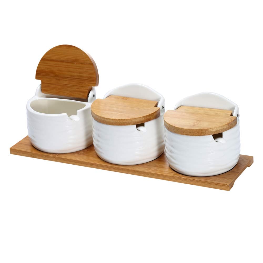 Ceramic Condiment Pots, 3PCS Spice Jars with Bamboo Lids Ceramic Spoons Serving Tray, LUCKY GODDNESS Sugar Bowls Salt Boxes Pepper Container Flour Box Holder with Chalkboard Labels, for Housewarming
