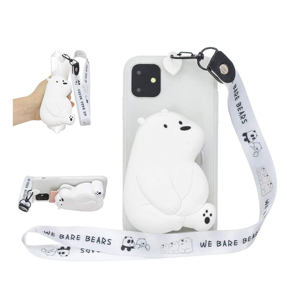 AuchSo Compatible with iPhone 11 Pro Max Wallet Case, Cartoon Cute Bear Panda Elephant Purse Soft Silicone Flexible TPU Bumper Back Slim Fit Protective Case for iPhone 11 Pro Max -White Big Bear