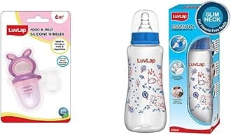 Bunny Food & Fruit Nibbler & Luvlap Anti-Colic Slim Regular BPA-Free Neck Essential Baby Silicone Feeding Bottle, 250Ml, Blue