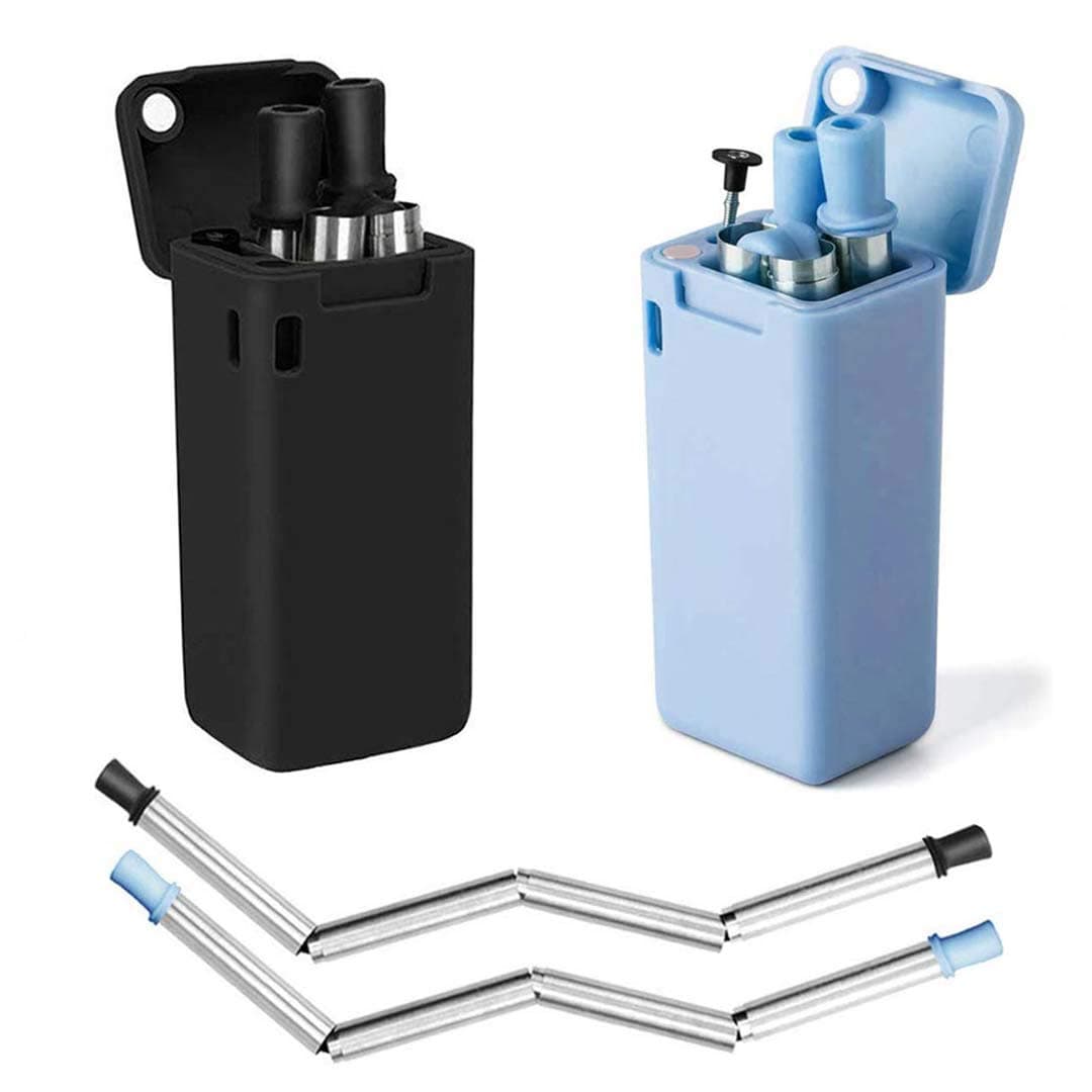 2 Pack Reusable Straws, Metal Drinking Straws, Save the Turtles straw, Food-Grade Portable Stainless Steel Straw, Folding Drinking Straws with Case Cleaning Brush for Party Travel Outdoor