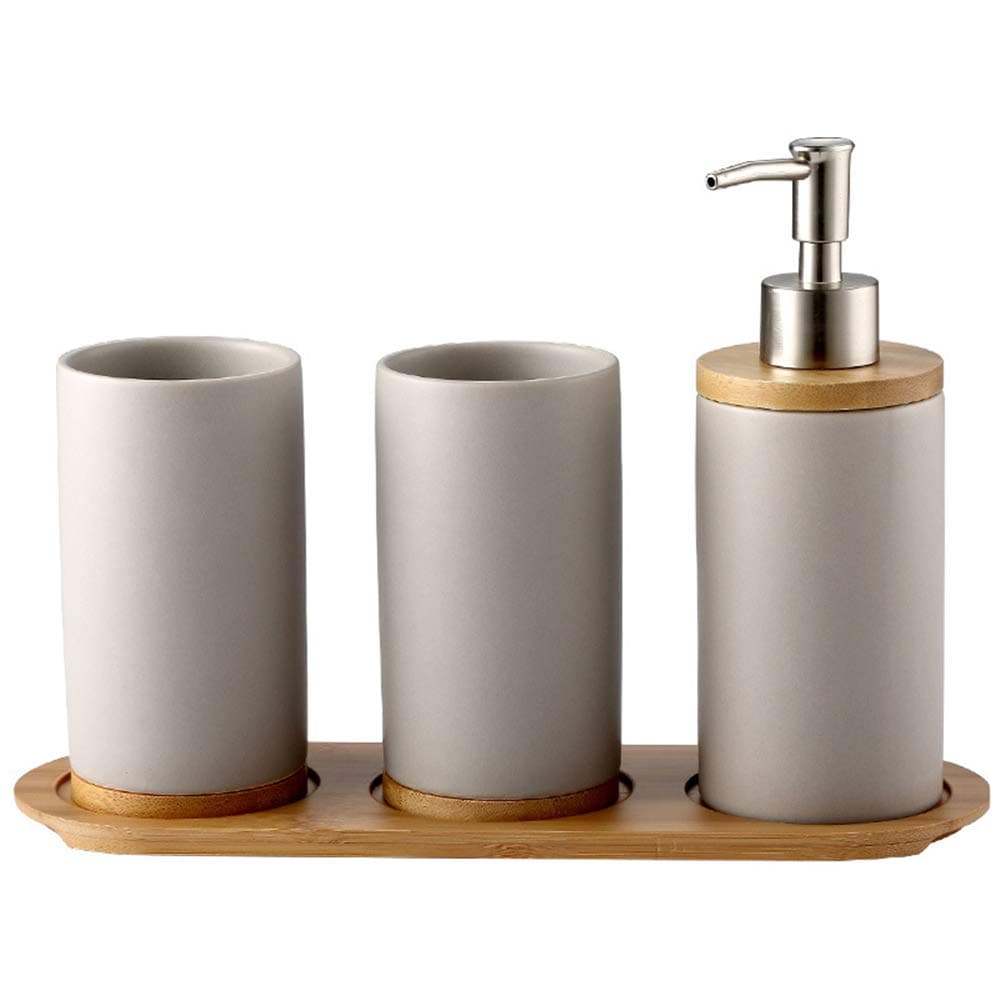 4-Piece Ceramic Bathroom Set Includes Soap Dispenser Pump, Toothbrush Holder, Tumblers, Wooden Tray