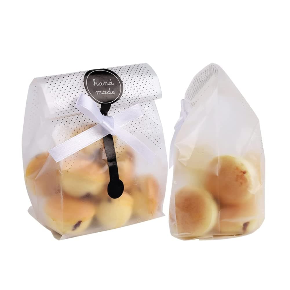 100 Pcs Translucent Plastic Cookie Bags Candy Bags Cookie Packaging Bags for Gift Giving with Sticker and Ribbon