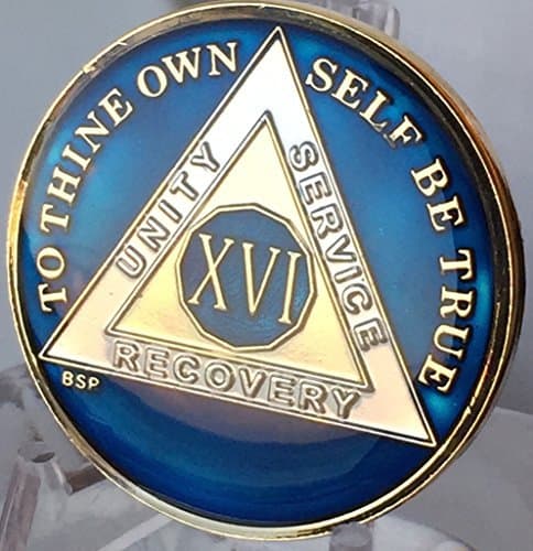Bright Star Press16 Year Midnight Blue AA Alcoholics Anonymous Medallion Chip Tri Plate Gold & Nickel Plated