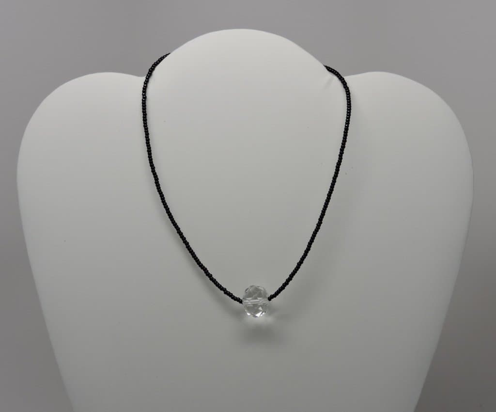 Black Beaded String Choker, Decorated with a 15mm Clear Glass Round Bead. Toggle Clasp