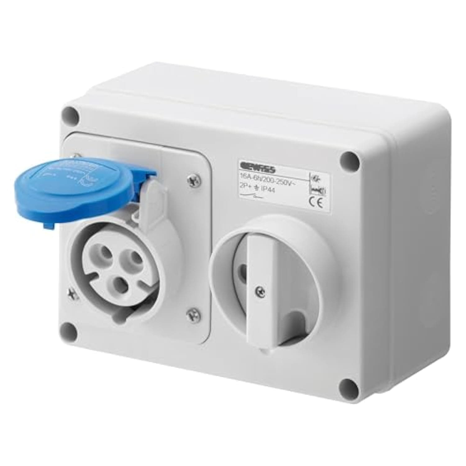 GW66015 Horizontal Interlocked Socket Outlet, IP44, 6 Reference, 2P+E Pole, 200V-250V, 32 A, 50 Hz/60 Hz, Blue