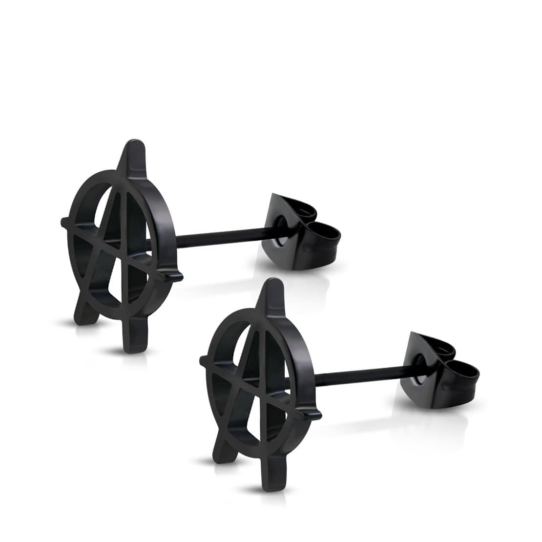 Stainless Steel Black Anarchy Symbol Stud Earrings (pair)