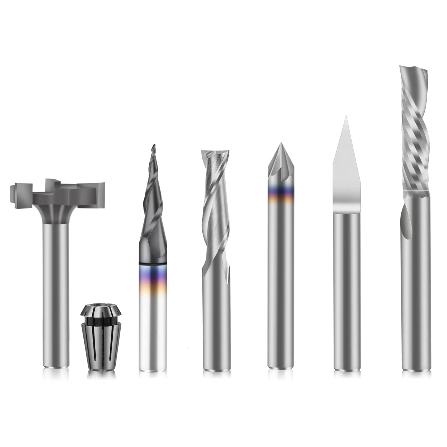 1/4" Shank CNC Router Bit Essential Kit Includes 1/4" ER11 Collet, V-bit, End Mills, Chamfering Bit for Woodworking MDF Resin Carving Lettering Sign Making