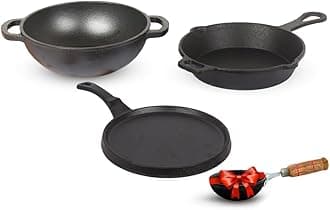 Pre-Seasoned Cast Iron Cookware Set + Free Iron Tadka Pan|Tawa(25.5Cm)+Kadai(25.4Cm/2.3L)+Fry Pan(22.9Cm/1.4L)|Kitchen Cooking Combo Pots & Pans Set Of 4Pcs|Naturally Nonstick - Black