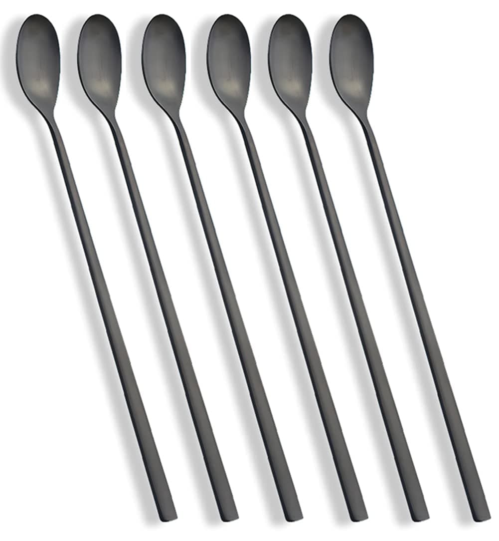 Matte Black 9-Inch Long Handle Iced Tea Spoon, Coffee Spoon, Ice Cream Spoon, Stainless Steel Cocktail Stirring Spoons, Set of 6