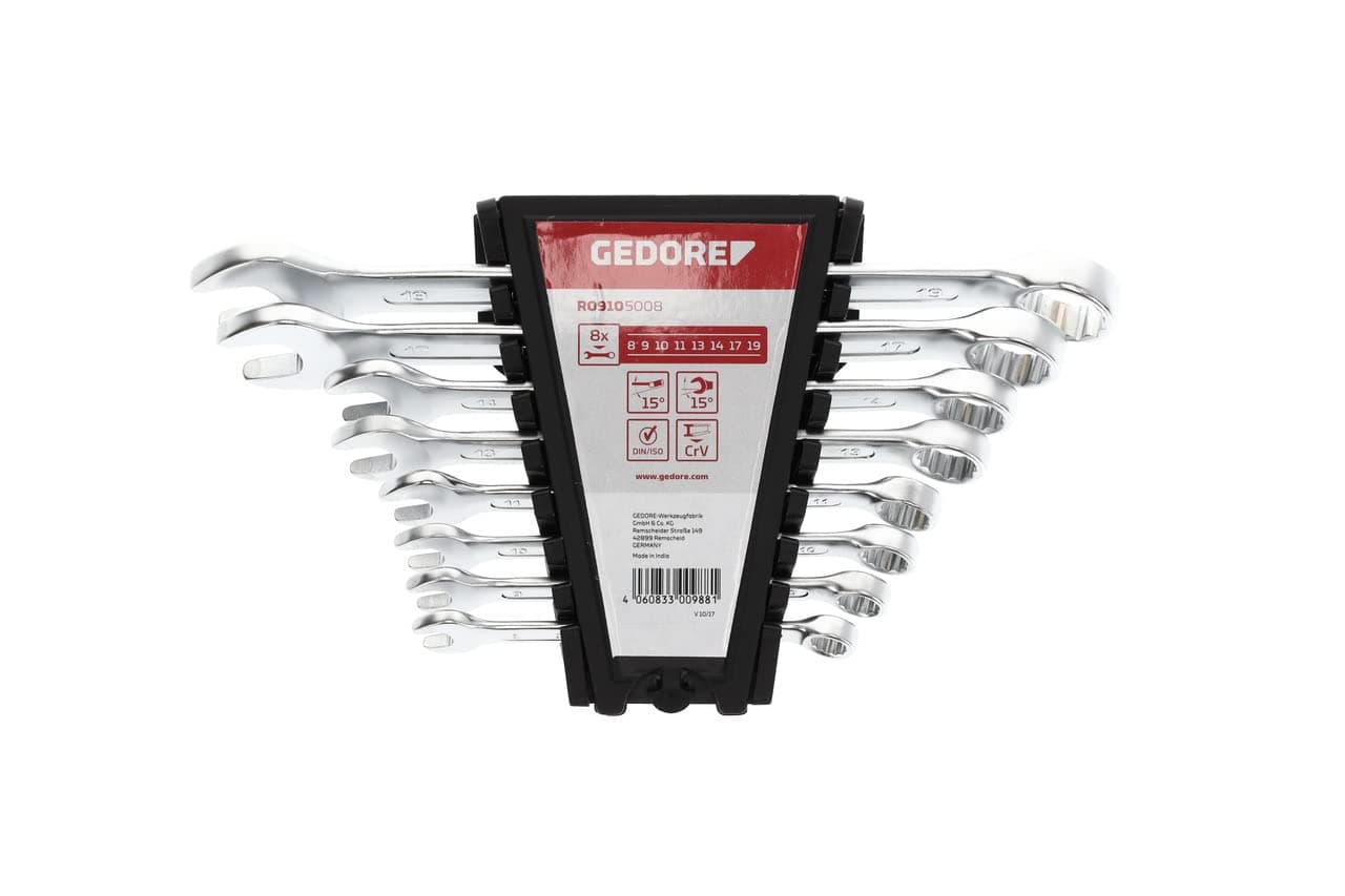 Gedore Red Combination Spanner Set, 8 Pieces, SW 8-19, Chrome Vanadium Steel, Silver