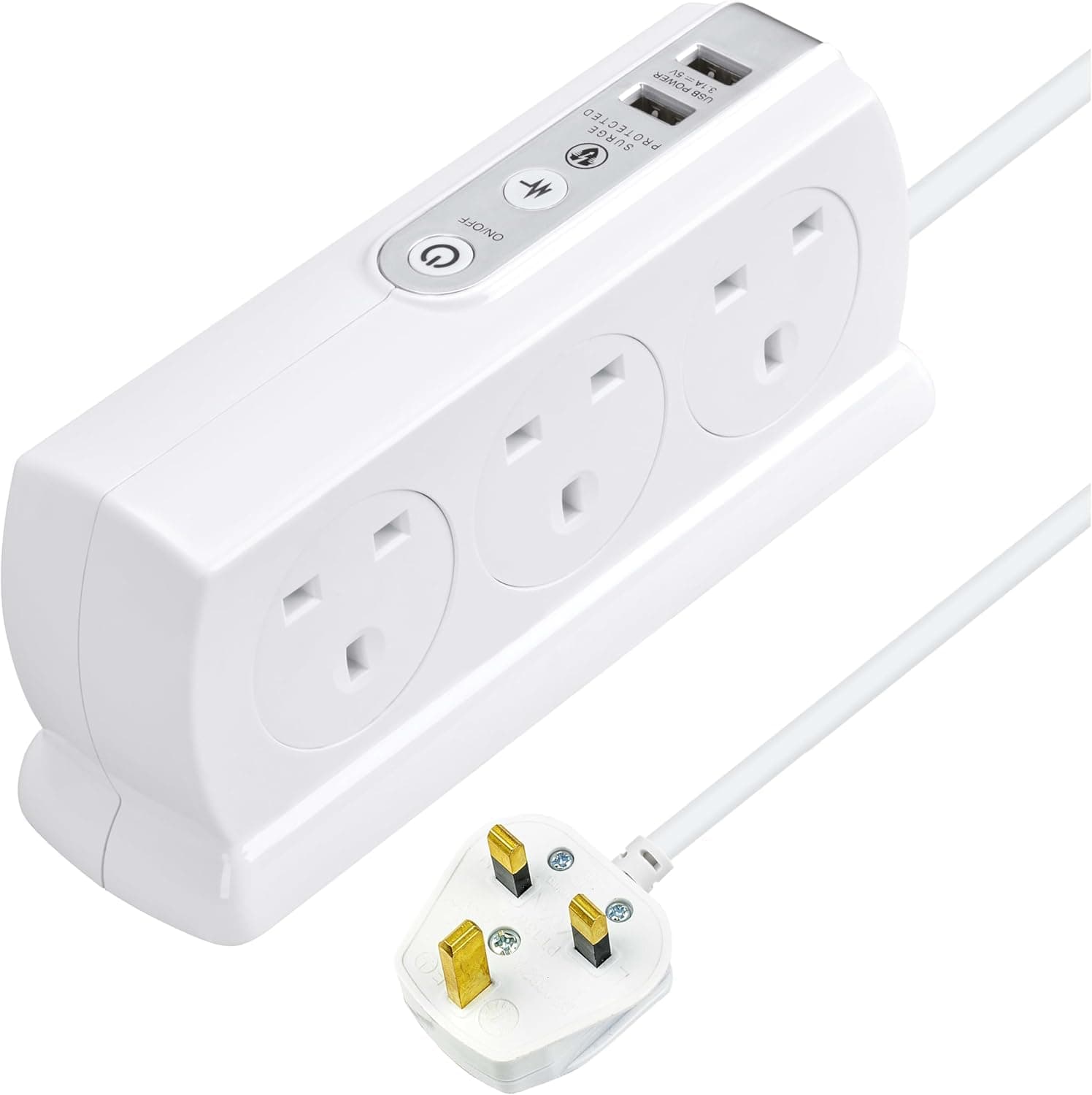 Heavy Duty Six Socket Switched Surge Protected Extension Lead with 2 USB Ports, 2 Metre, White