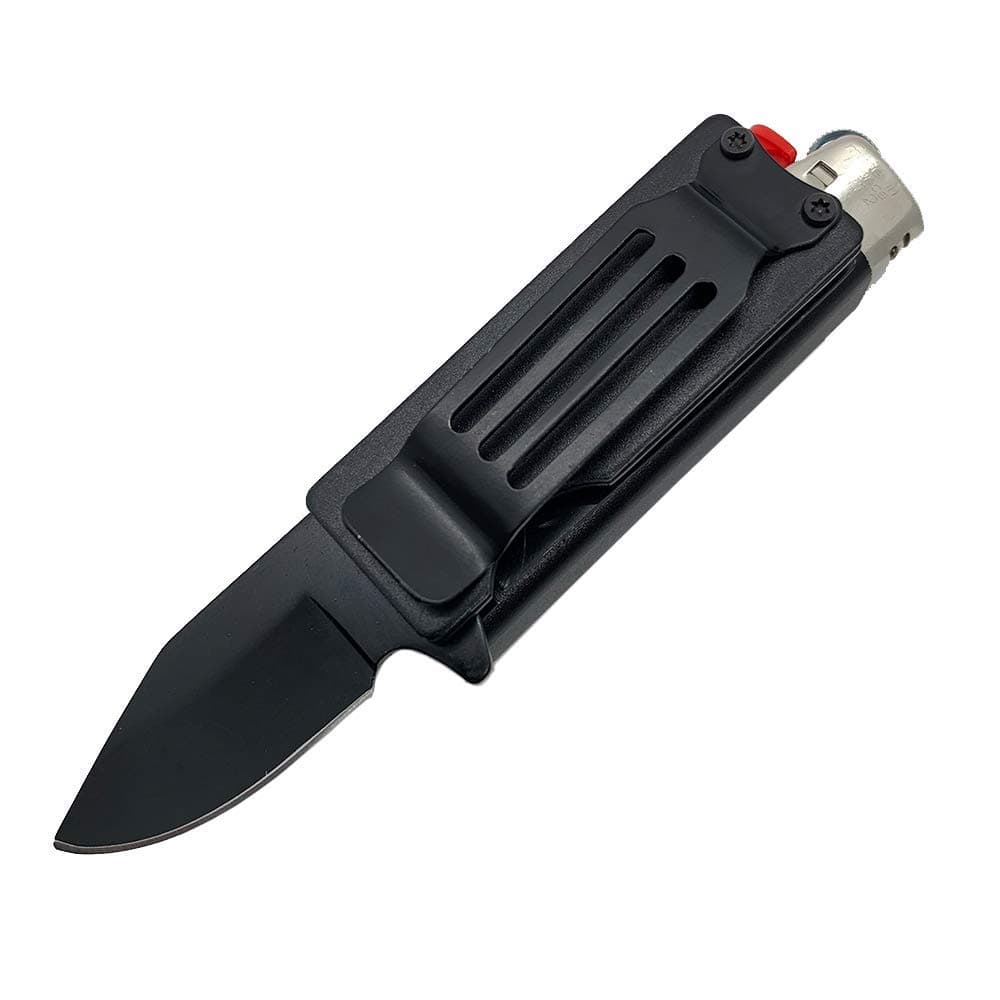 Blade City Lighter Knife - Standard BIC Lighter Holder with Spring Assisted 1 ¾” Stainless Steel Blade (Black)