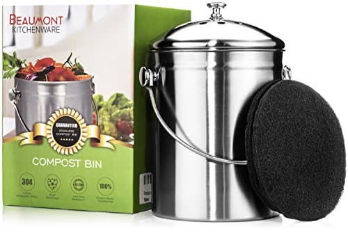 Beaumont Kitchenware Top Rated Compost Bin Stainless Steel 304 will Never Rust | Top Quality Brushed Nickel Finish | Premium No-Odor Charcoal Filter | Extra Filter Included | 1 Gallon