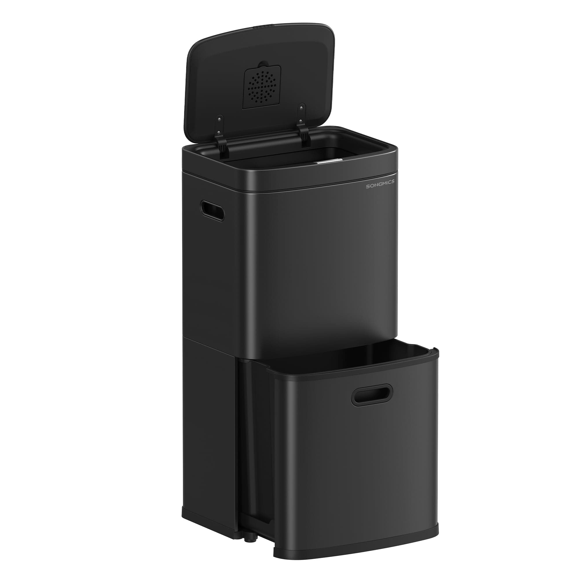 SONGMICS Kitchen Bin, 3-Compartment Rubbish Bin, 2 x 2.6 Gallons (10 L) and 7.9 Gallons (30 L), Steel, Space-Saving, Inner Buckets, Carbon Filter, 39.5 x 29.8 x 80.2 cm, Ink Black LTB551B02