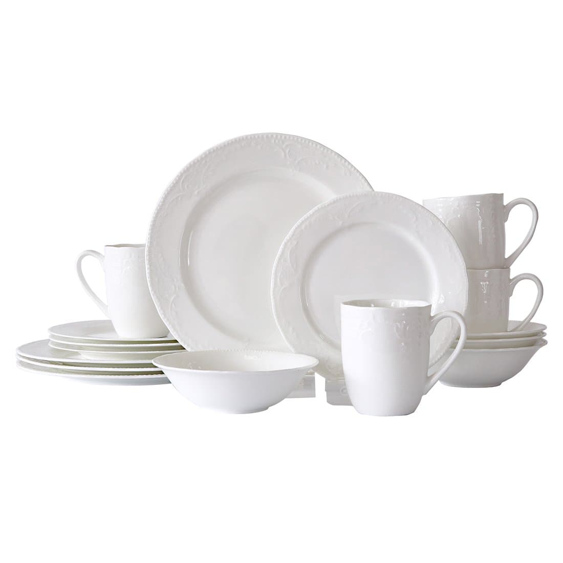 WHITEPEONY Beads Embossed 16-Piece Bone China Dinnerware Set, Service for 4