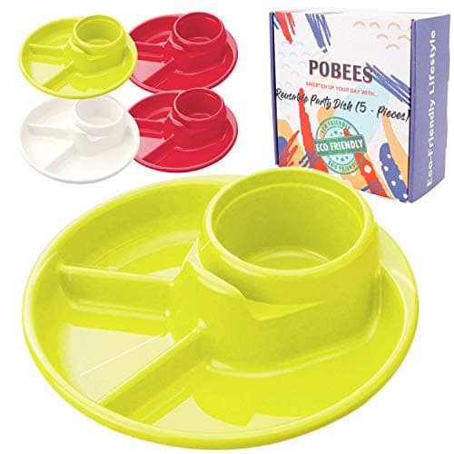 Reusable Party BBQ Plastic Plates – 2019 Zero Waste Divided Plates,BPA Free,Dishwasher,Unbreakable, Non-Toxin for Camping Outdoor Kids Adults, 5 Plates and 2 Mesh Produce Bags (2 Green 1 White 2 Red)