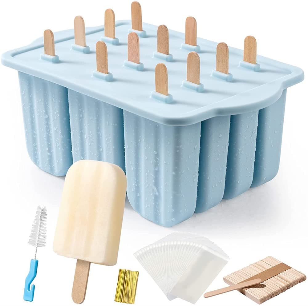 Popsicles Molds, 12 Pieces Silicone Ice Cream Molds Easy-Release BPA-free PopsicleMaker Molds Ice Pop Molds Homemade Popsicle Ice Pop Maker with 50PCS Sticks+Cleaning Brush (Blue)