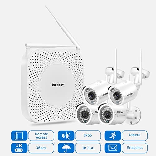 Wireless Security Camera System incoSKY 1080P WiFi Video NVR with 4 Wireless Mini Bullet IP Cameras Waterproof IP66 Night Vision for Home Surveillance, W6
