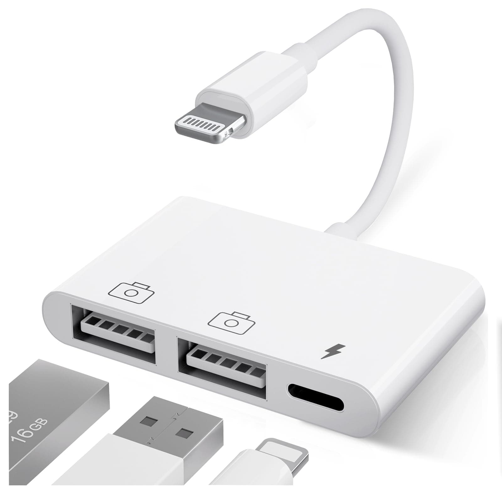 AMLLXEN iPad USB Adapter, USB to iPhone Adapter Dual USB with Charging Port, Lighting USB Adapter for iPhone/iPad, Compatible with USB Flash Drive,Camera,Mouse & Keyboard -Support iPhone 5 to 14Plus