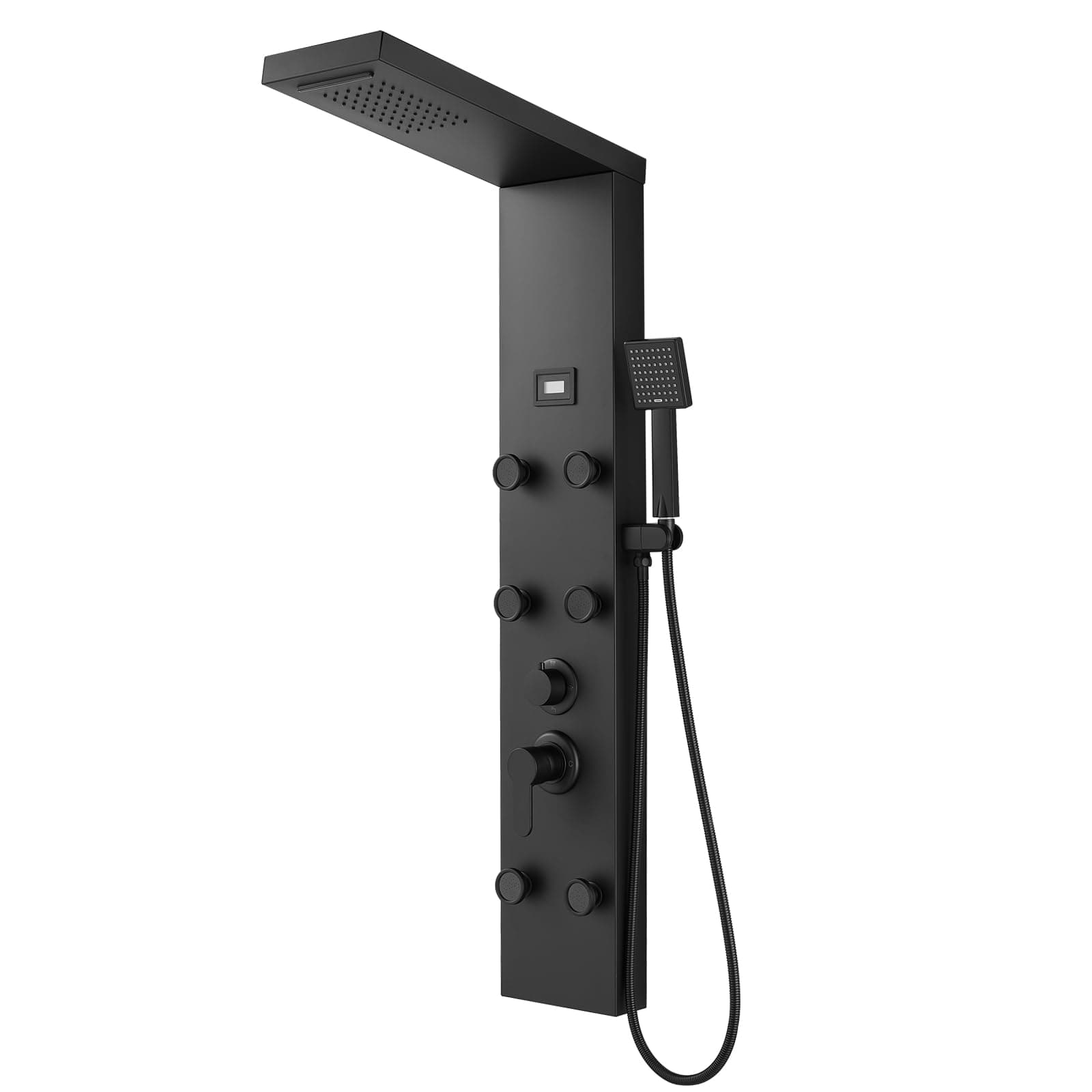 ROVOGO Shower Panel Tower System with Rainfall Waterfall Shower Head, 6 Body Jets, Handheld and Temp Display, Stainless Shower Column with Mixer Valve, All Black