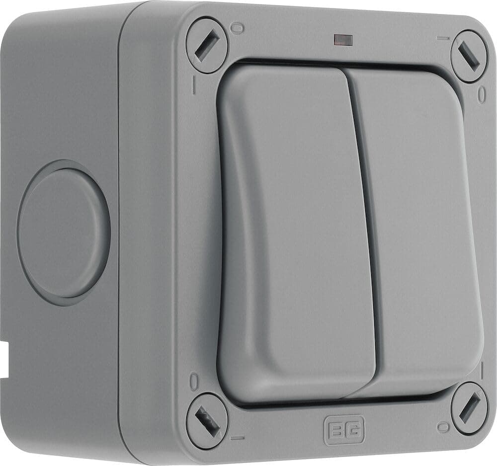 BG Electrical Outdoor Double Switch with LED Indicator, Weatherproof, Grey, Nexus Storm, 2-Way, 20A, IP66 Rated, WP42