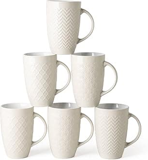 AmorArc Extra Large Coffee Mugs Set of 6, 20oz Ceramic Tall Coffee Mugs Set with Textured Geometric Patterns for Coffee/Tea/Beer/Hot Cocoa, Dishwasher & Microwave Safe,Beige