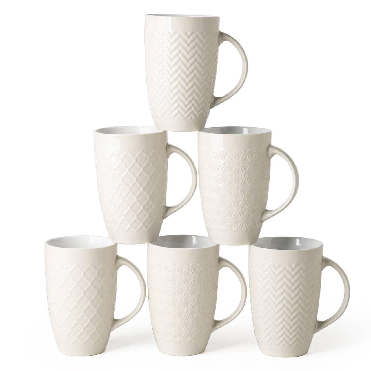 AmorArc Extra Large Coffee Mugs Set of 6, 20oz Ceramic Tall Coffee Mugs Set with Textured Geometric Patterns for Coffee/Tea/Beer/Hot Cocoa, Dishwasher & Microwave Safe,Beige