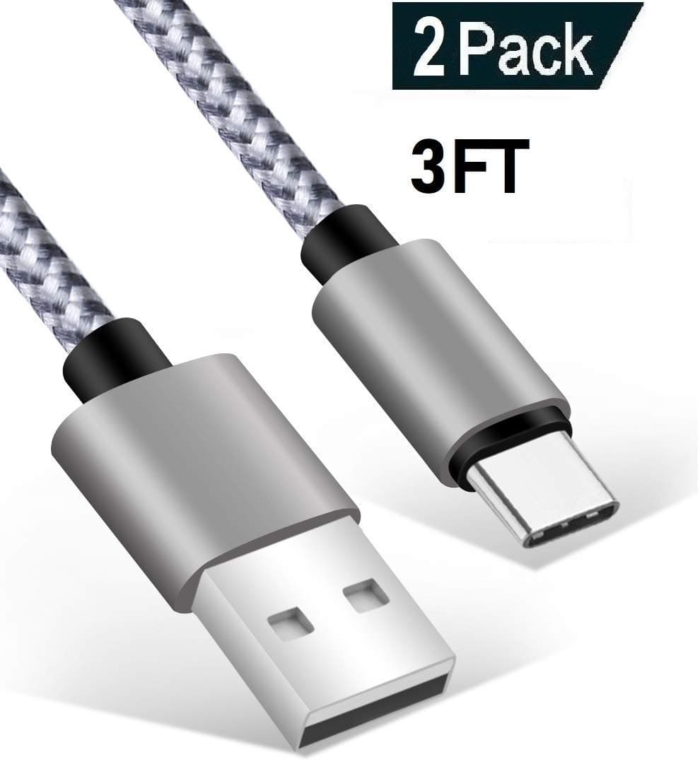 USB Type C Cable 1M Charging lead for Samsung Galaxy S8 / S9 / S10 / Note 8 / Note 9 Plus, LG G5 / G6 / G7, 2 Pack 3FT Nylon Braided Short Charge & Data Charger Cord (White,2X3FT)