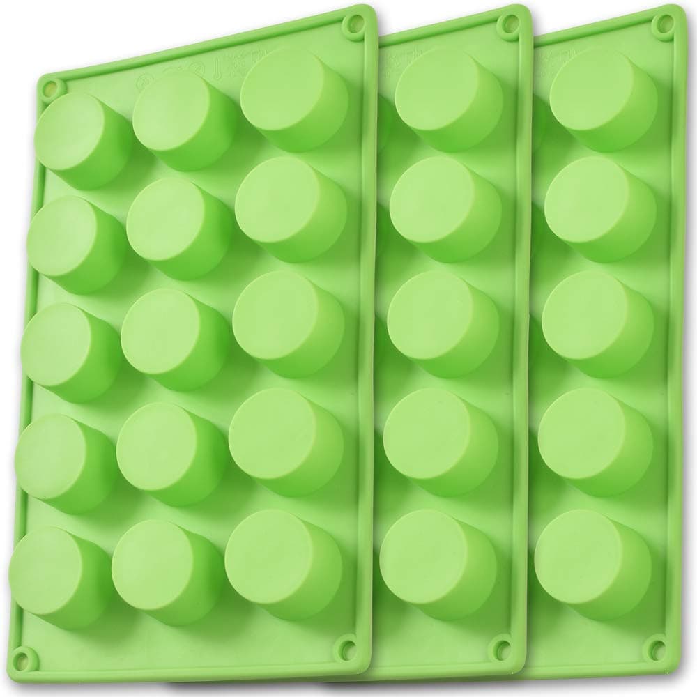 – Cylinder Silicone Mold, 3 Packs 15-Cavity Round Cylinder Mold for Cupcake, Handmade Soap, Muffin, Cake, Cheesecake, Brownie, Chocolate Cover-Green