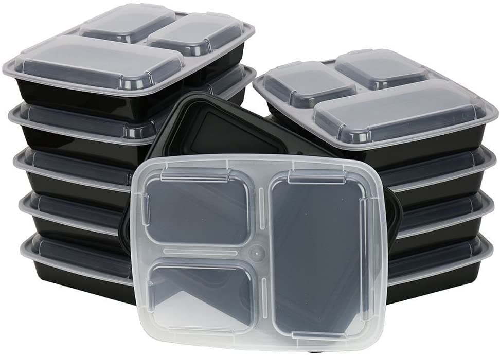12 sets -Decony 3-Compartment Microwave Safe Food Container with Lid/Divided Plate/Bento Box/Lunch Tray with Cover, Black,- 12 sets