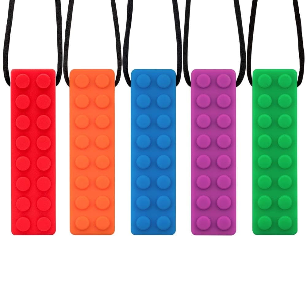 Sensory Chew Necklace, 5 Pack Silicone Chew Pendant Training and Development Fidget Toy Chewing Necklace for Teething Babies, Autism ADHD SPD, Oral Motor, Anxiety, Autistic Children