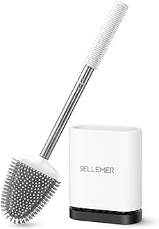 Sellemer Toilet Brush and Holder Set for Bathroom, Flexible Toilet Bowl Brush Head with Silicone Bristles and Stainless Steel Handle, Compact Size for Storage and Organization, Ventilation Slots Base