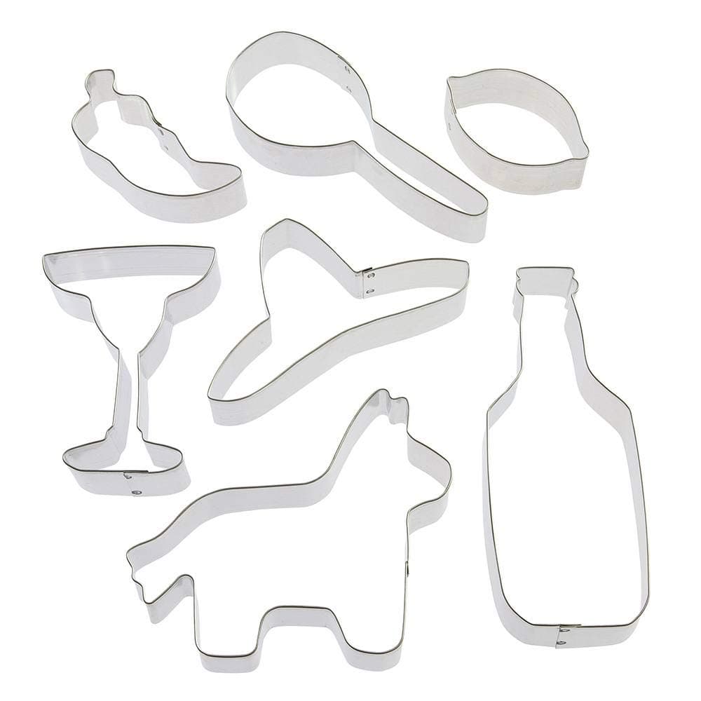 Fiesta Cookie Cutter 7 Pc Set HS0434 Includes 4 in Margarita Glass, 4.75 in Pinata, 2.75 in Lemon, 4.75 in Sombrero, 5.5 in Maraca, 3 in Chili Pepper, 6 in Beer Bottle, Recipe - Foose - USA