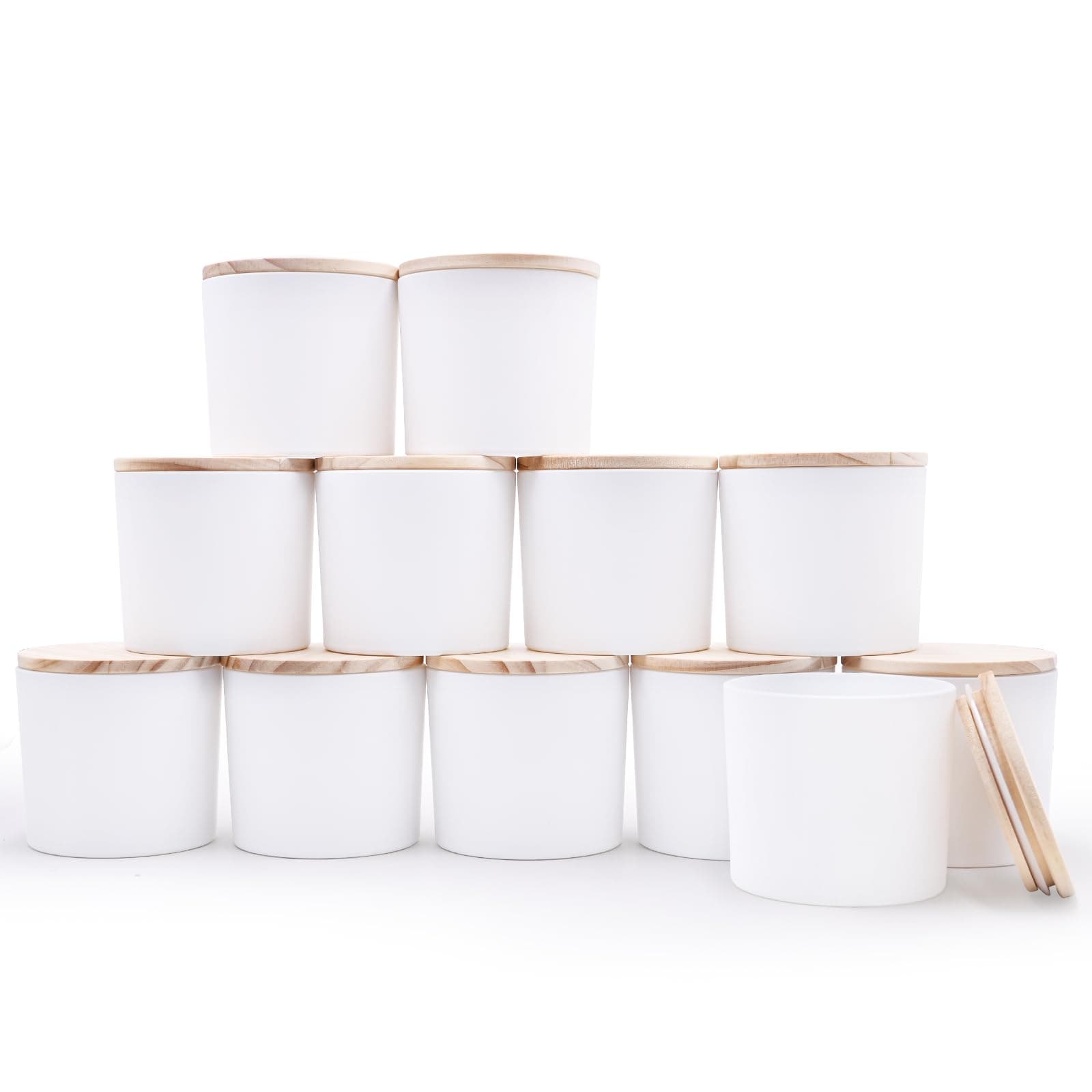 SHOWIN 12 OZ Thick Candle Jars for Making Candles 12 Pcs, Empty Jars with Wood Lids for Spice Jars, Sample Container, Matte White