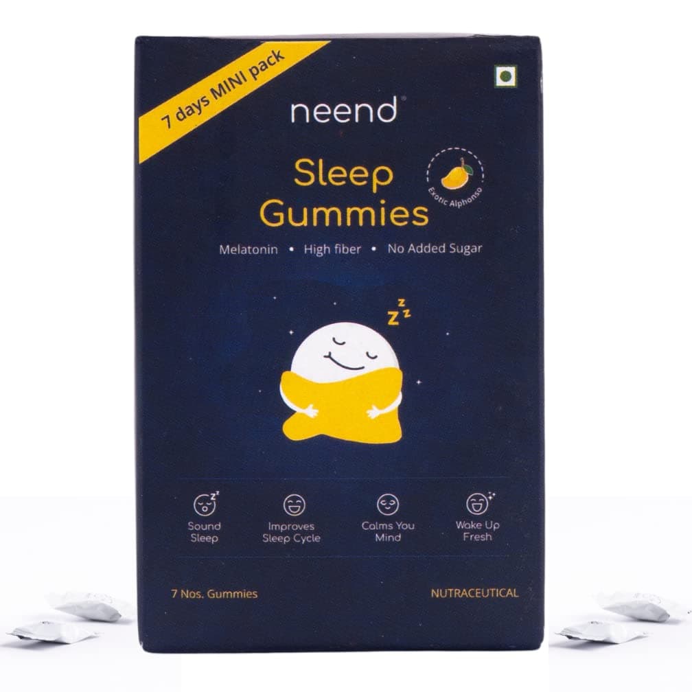 NEEND Melatonin Sleep Gummies (7 Gummies Pack) | Natural Sleeping Aid for Deep Sleep | 100% Veg for Stress Relief, Relaxation & Insomnia | Mango Flavoured (5mg Melatonin) | Chamomile & Valerian Root Extract