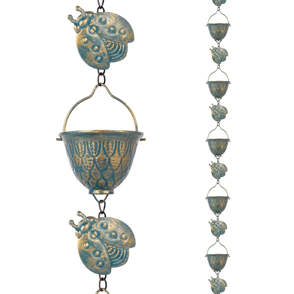 9.2 FT Rain Chain, Metal Rain Gutter Chains with 12 Cups & Detachable Ladybugs Decor, Adjustable Rain Catcher Chain with Bell for Outddor Decor, Replacement for Downspout