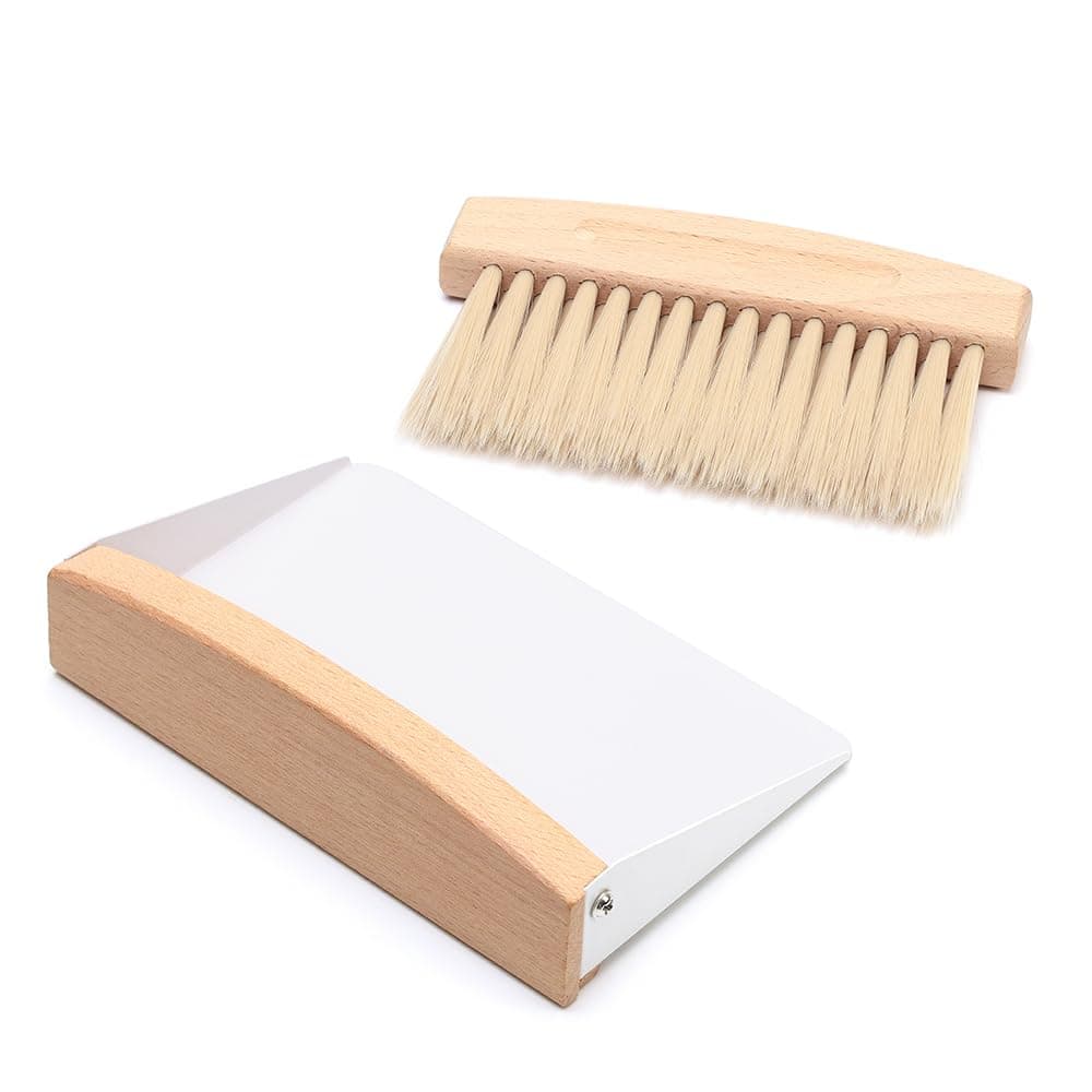 Small Mini Dustpan and Brush Set - Compact Hand Broom with Dustpan Combo Set - Beechwood Table Crumb Sweeper - Portable Metal Dust Pan for Counter Tops, Desk, Cat Litter, Car, Kitchen,Camping etc.