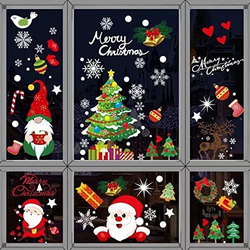Christmas Window Stickers, Double-Sided 9 Sheets (213 Pcs) Reusable Stickers with Santa Claus Snowman Reindeer Snowflake for Christmas Party